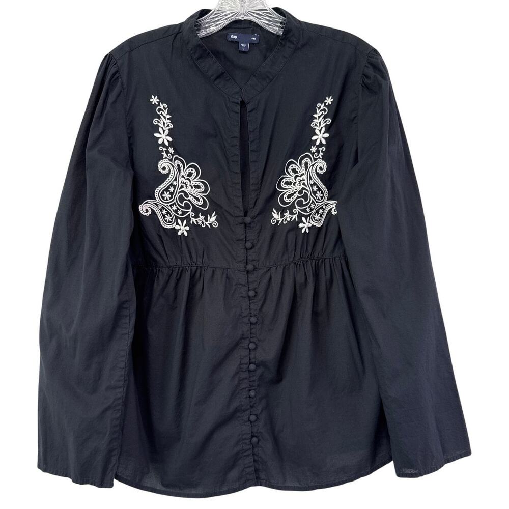Gap Boho Embroidered‎ Cotton Poplin Popover Top Button Up Sz L Black Renaissance